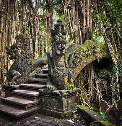 Famous dragon bridge in Monkey Forest Sanctuary in Ubud, Bali, Indonesia.