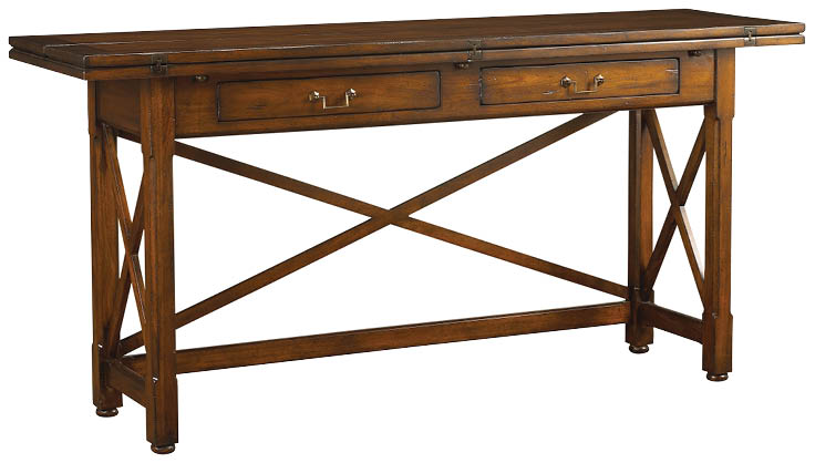 Although more rustic in nature, this craftsman-inspired Chasseur Hunt Table is right at home either behind a sofa or standing alone as a table or desk. Butterfly hinges allow the top to open to double the work space, and the cross-bracing ensures this table is as sturdy as it is beautiful. FrenchHeritage.com